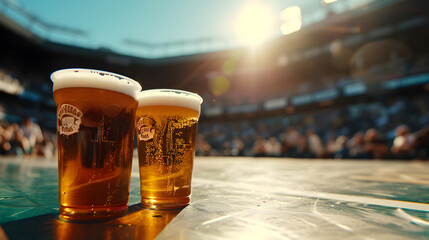 Cinematic wide angle photograph of two beer pint glass Cinematic wide angle photograph of a beer pint glass at a tennis stadium. Product photography. Product photography. - obrazy, fototapety, plakaty