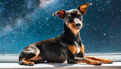 Fototapeta na wymiar Miniature pinscher sitting on the windowsill on a starry sky background. Pinscher with white spot. White accent: Beauty in uniqueness