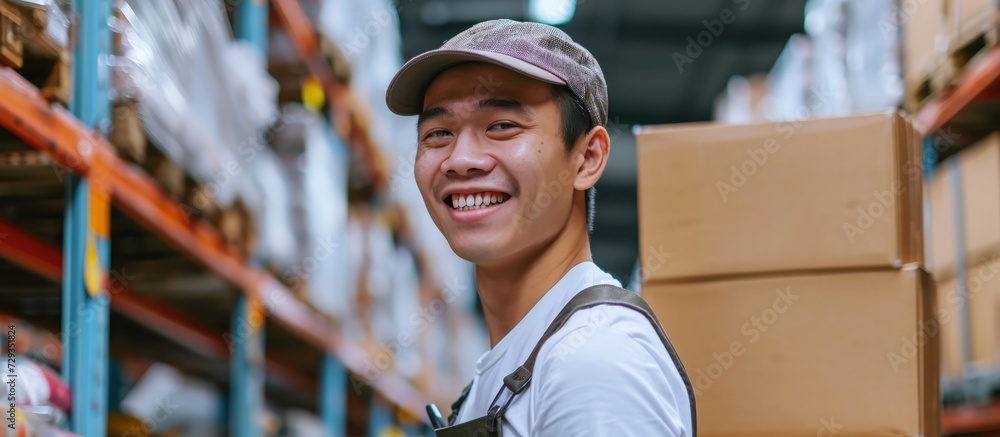 Poster asian male worker smiling while working in a distribution center, handling products in a logistic ce