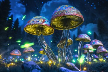 Obraz na płótnie Canvas Illuminated Fantasy Mushrooms Under Starry Sky. Mystical giant mushrooms glowing under a celestial night sky.