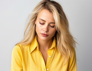 Fototapeta premium Contemplative woman with closed eyes and flowing blonde hair in a yellow blouse, suggesting a moment of peaceful reflection.