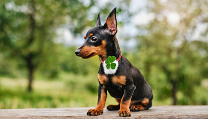 Miniature pinscher puppy with a clover leaf sitting in the park