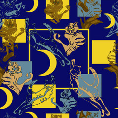 seamless pattern - doodles, cat at night by the window, under the moon.