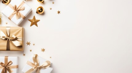 Christmas and New Year background. Gift boxes, golden balls and confetti on white background. Flat lay, top view, copy space.