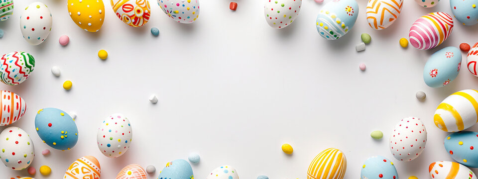Easter eggs are placed on a white background with an empty space in the center of the image for possible text overlay