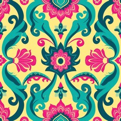 Vibrant Latin-Inspired Floral Pattern. A bright, Latin-themed pattern with ornate floral designs on a yellow background.
