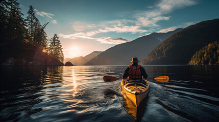 a person in a kayak paddling on a river - obrazy, fototapety, plakaty