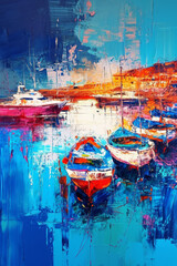 a painting of the marina area with boats and boats docked in the water.