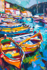 a painting of the marina area with boats and boats docked in the water.