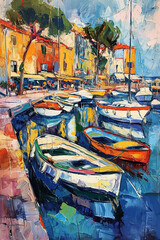 Fototapeta na wymiar a painting of the marina area with boats and boats docked in the water.