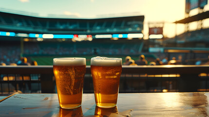 Cinematic wide angle photograph of two beer pint glass Cinematic wide angle photograph of a beer pint glass at a baseball stadium. Product photography. Product photography.