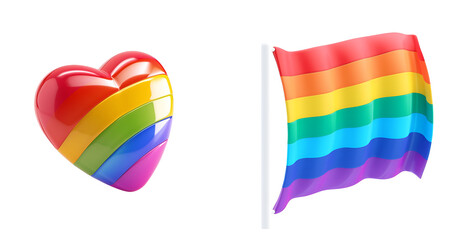 A collection of LGBTQ+ pride symbols featuring rainbow-colored hearts and the gay flag: Basic 3D cartoon rendering, Isolated on Transparent Background, PNG