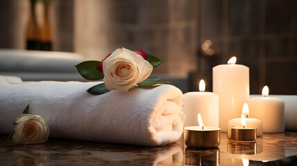 folded white towel and candles on table