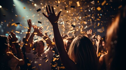 A cheerful group of people rejoices at the roof open-air nightclub and throws confetti. People are drinking, dancing and having a good time at the party