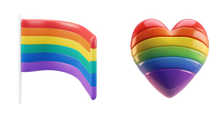 Set showcasing LGBT pride emblems, including rainbow-hued hearts and the homosexual flag: Minimalist 3D cartoon depiction, Isolated on Transparent Background, PNG