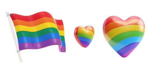 LGBT Pride Symbols Set Featuring a Heart and Gay Flag in Rainbow Colors: A Simple Cartoon 3D Render, Isolated on Transparent Background, PNG