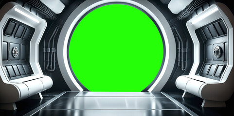 Futuristic Spaceship interior mockup with window view. Greenscreen for compositing. - 729353407