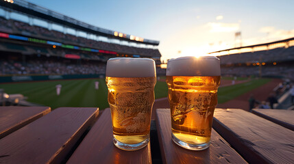 Cinematic wide angle photograph of two beer pint glass Cinematic wide angle photograph of a beer pint glass at a soccer stadium. Product photography. Product photography. - obrazy, fototapety, plakaty