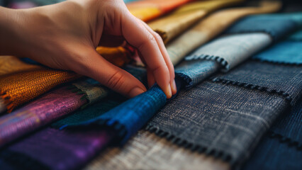 Feeling the Weave: A Close-Up of a Hand Touching Fabric Samples