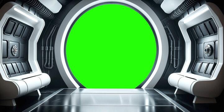 Futuristic Spaceship interior mockup with window view. Greenscreen for compositing.