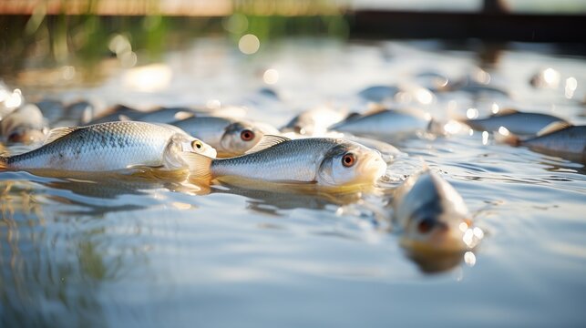 A flock of fish inside the fish farm, breeding commercial fish in the fish farm.