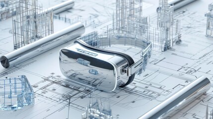 Architectural VR in Silver Blueprint. Silver VR headset on architectural drawings, blending tech with design.