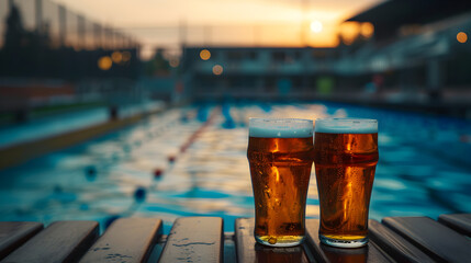 Cinematic wide angle photograph of two beer pint glass Cinematic wide angle photograph of a beer pint glass at an olympic pool. Product photography. Product photography. - obrazy, fototapety, plakaty