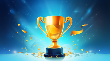 Shiny golden trophy cup with confetti on a radiant blue background