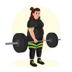 Illustration of an overweight girl working out in the gym. Fitness girl. Overweight. Losing weight. Sport exercises.