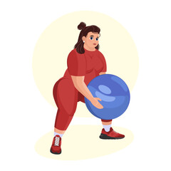 Illustration of an overweight girl working out in the gym. Fitness girl. Overweight. Losing weight. Sport exercises.