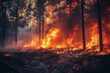 Nature’s Fury Unleashed A Dramatic Nighttime Display of a Wildfire Engulfing a Forest, Illuminating the Darkness with Flames and Smoke