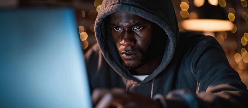 A focused individual of African descent, wearing a hood, involved in illicit online behavior by unlawfully accessing a computer network.