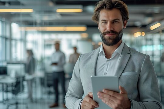 Focused Business Professional Analyzing Data on Tablet Amidst a Busy Corporate Office Environment with Colleagues Interacting in the Background