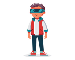 technology vr virtual reality kid  vector.  headset device, tech modern, digital entertainment technology vr virtual reality kid character. people flat cartoon illustration