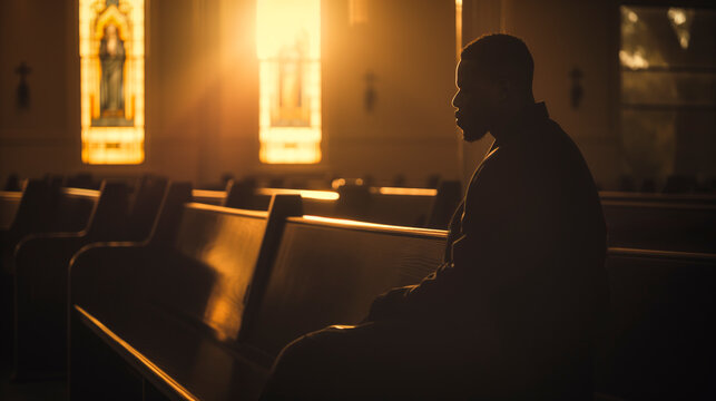 african american man praying in church with blurred background - faith and religion concept