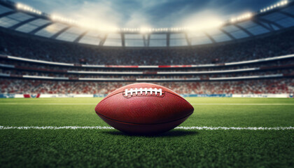 Close-up of a football lying on the playing field in a large stadium or football arena. Arena stands with spectators and spotlights in background. Copy space for message. Promotion for football event.
