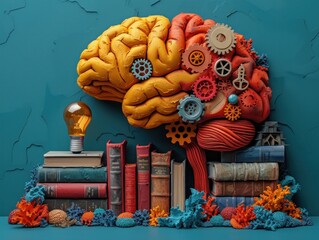 Abstract Collage of Education, Innovation and Intelligence, with book, lightbulb and brain Wallpaper, Generative AI	 - obrazy, fototapety, plakaty