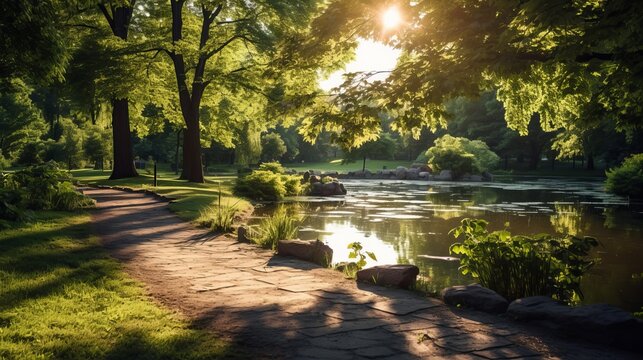 Beautiful colorful summer spring natural landscape with a lake in Park surrounded by green foliage of trees in sunlight and stone path in foreground