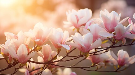 Beautiful magnolia tree blossoms in springtime. Jentle magnolia flower against sunset light. Romantic creative toned floral background