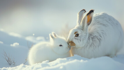 Winter Wonderland: An Arctic Hare Cub and its Mother in the Snow