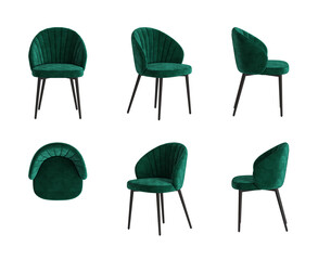 Set of six views of a chair with a quilted back, velvet dark green cover and four black legs isolated on a transparent background. Front view, top view, two sides, and two perspectives. 3d render