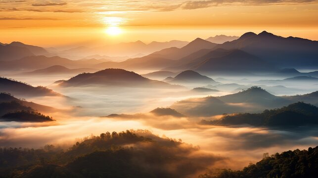Beautiful Landscape of mountain layer in morning sun ray and winter fog at  Doi Hua Mae Kham,  Mae Salong Nai, Chiangrai, Thailand