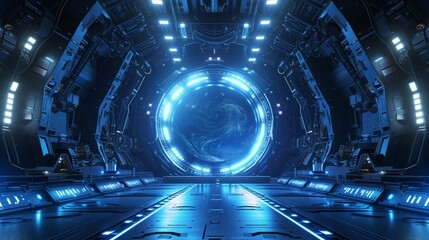 Obraz premium Spaceship interior with view on space and distant planets. Dark blue spaceship futuristic interior with window.