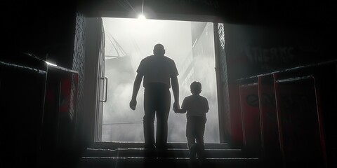 Father and son walking out of the baseball stadium tunnel towards the field on a sunny day