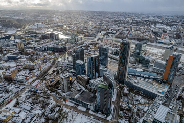 Aerial winter view of snowy Vilnius city center, down town, Šnipiškės district, Lithuania