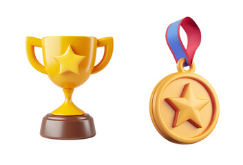 3D Illustration Render of Winning Gold Medal and Award Trophy Set in Simple Cartoon Style, Isolated on Transparent Background, PNG