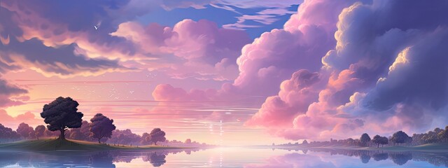 A dreamy pastel sky, with soft pink and purple clouds floating above a tranquil landscape, evoking a sense of calm and tranquility - obrazy, fototapety, plakaty