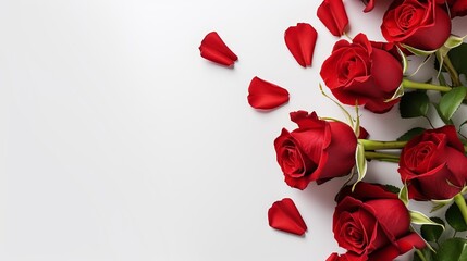 Bouquet of red roses and hearts on white background. Valentine's day, banner format. Place for text - Powered by Adobe