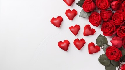 Fototapeta na wymiar Bouquet of red roses and hearts on white background. Valentine's day, banner format. Place for text