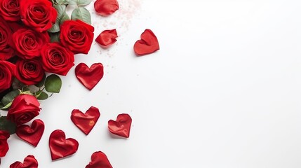 Fototapeta na wymiar Bouquet of red roses and hearts on white background. Valentine's day, banner format. Place for text